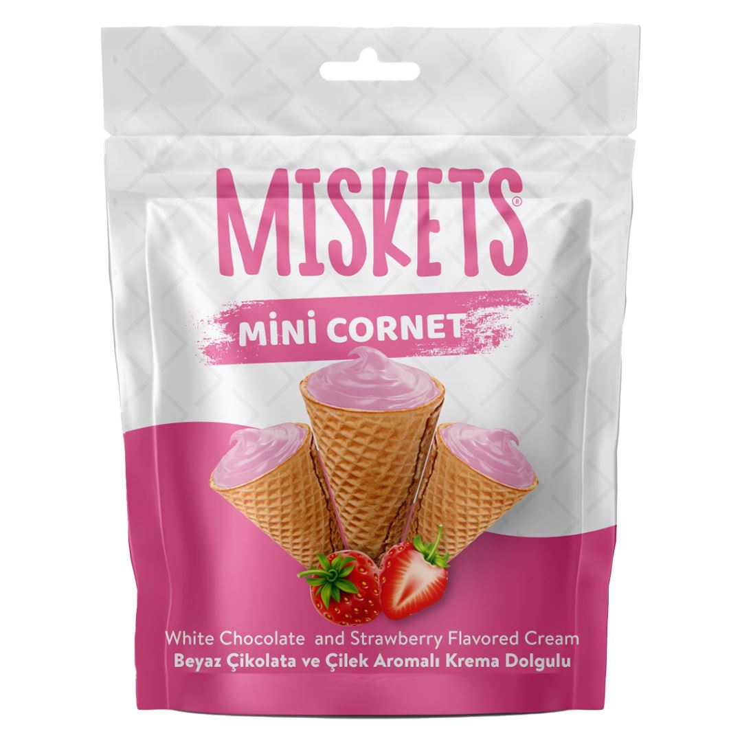 MISKETS Мини-рожки вафельные с начинкой со вкусом клубники и белым шоколадом 50г