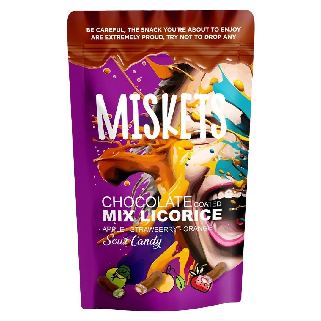 MISKETS Лакрица со вкусом клубника, яблоки, апельсин в молочном шоколаде 120г