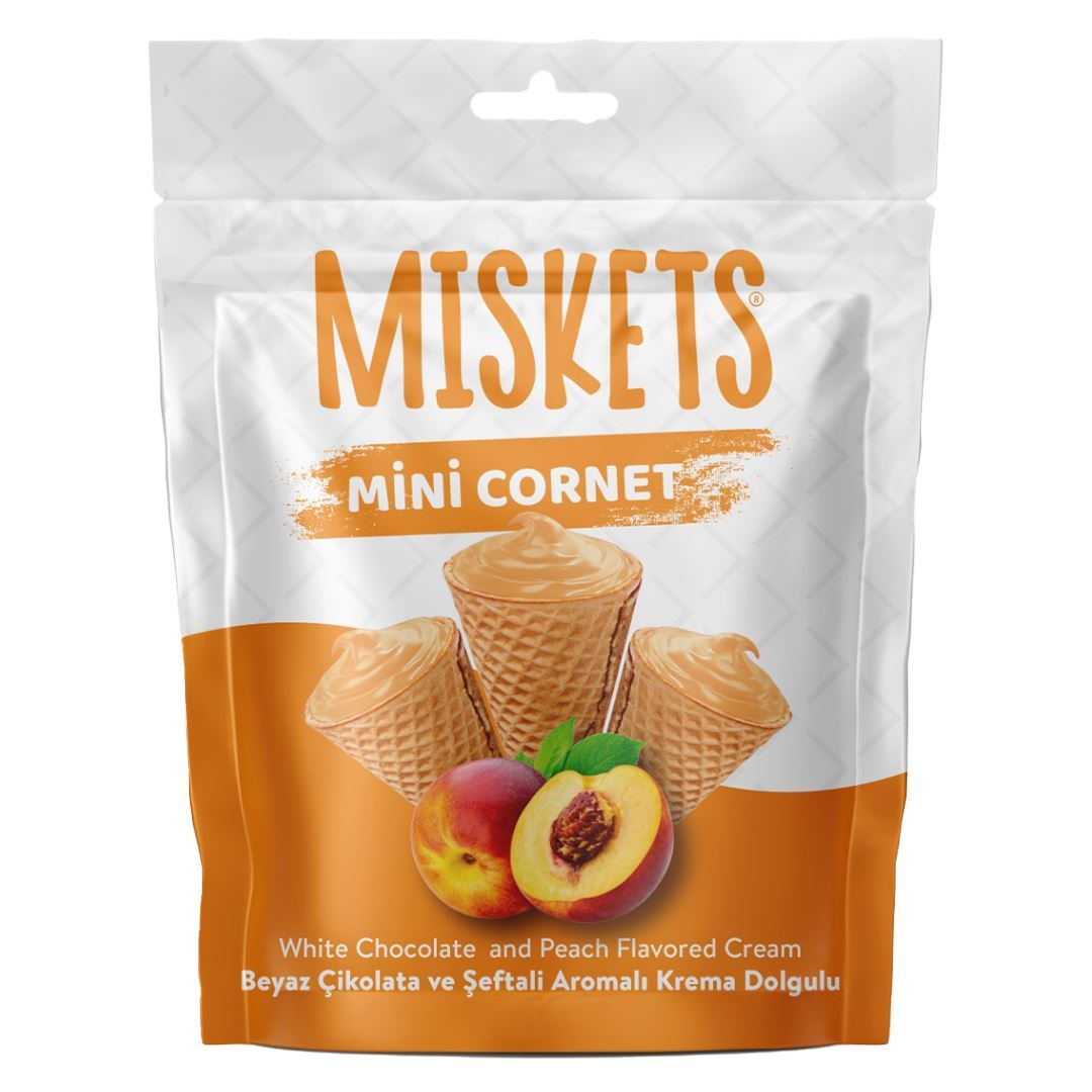 MISKETS Мини-рожки вафельные с начинкой со вкусом персика и белым шоколадом 50г
