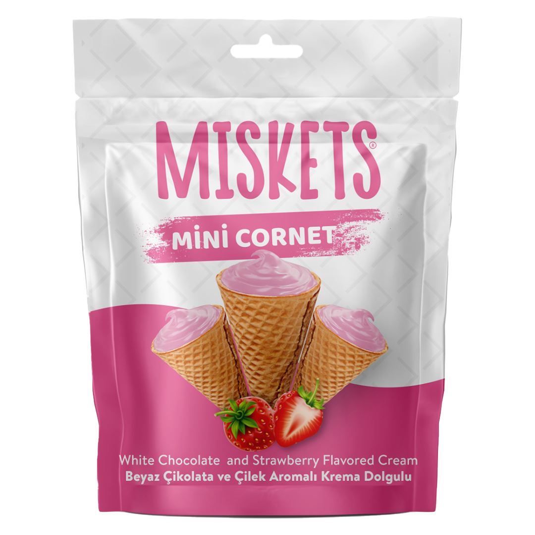 MISKETS Мини-рожки вафельные с начинкой со вкусом клубники и белым шоколадом 50г